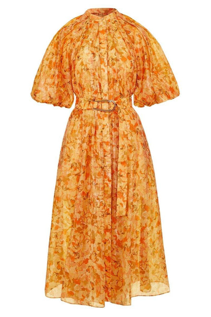 Daphne Printed Belted Dress | Orange | Daytime | Chiffon - ZyraLux Kleding en accessoires