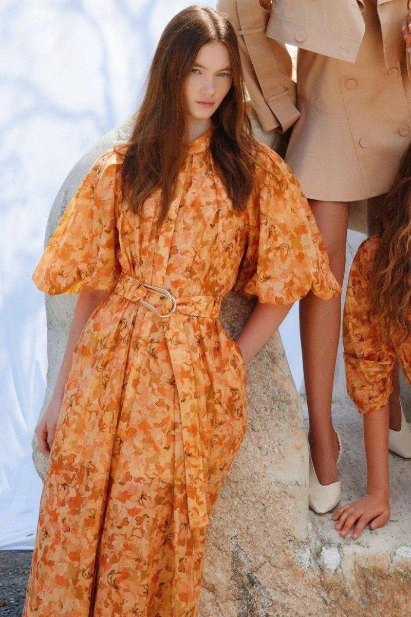 Daphne Printed Belted Dress | Orange | Daytime | Chiffon - ZyraLux Kleding en accessoires