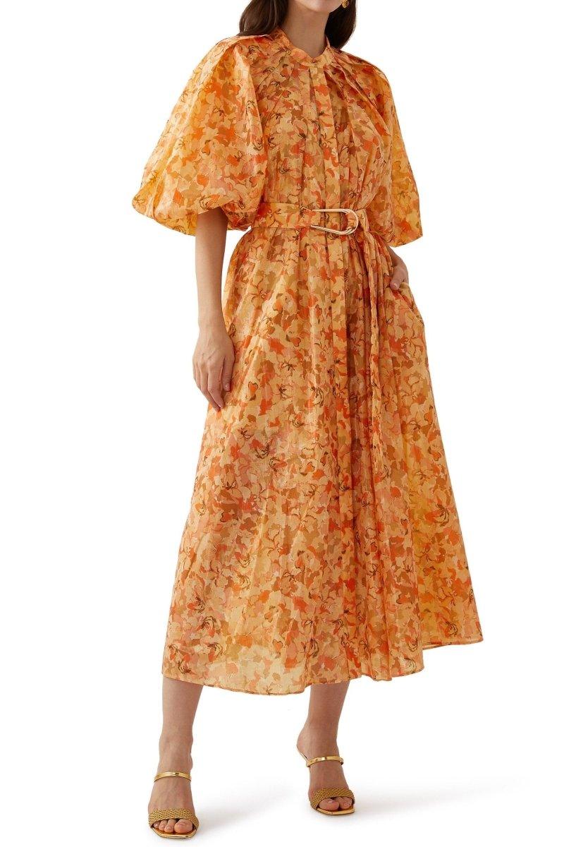 Daphne Printed Belted Dress | Orange | Daytime | Chiffon - ZyraLux Kleding en accessoires