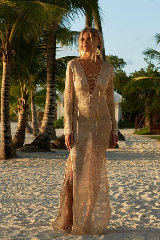 Dawn Lace-Up Maxi Cover-Up | Multicolor | Beachwear | Crochet - ZyraLux Kleding en accessoires