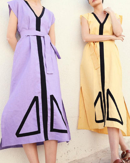 Geometric Accent Belted Midi Dress | Multicolor | Modern Casual | Cotton-Linen Blend - ZyraLux Kleding en accessoires