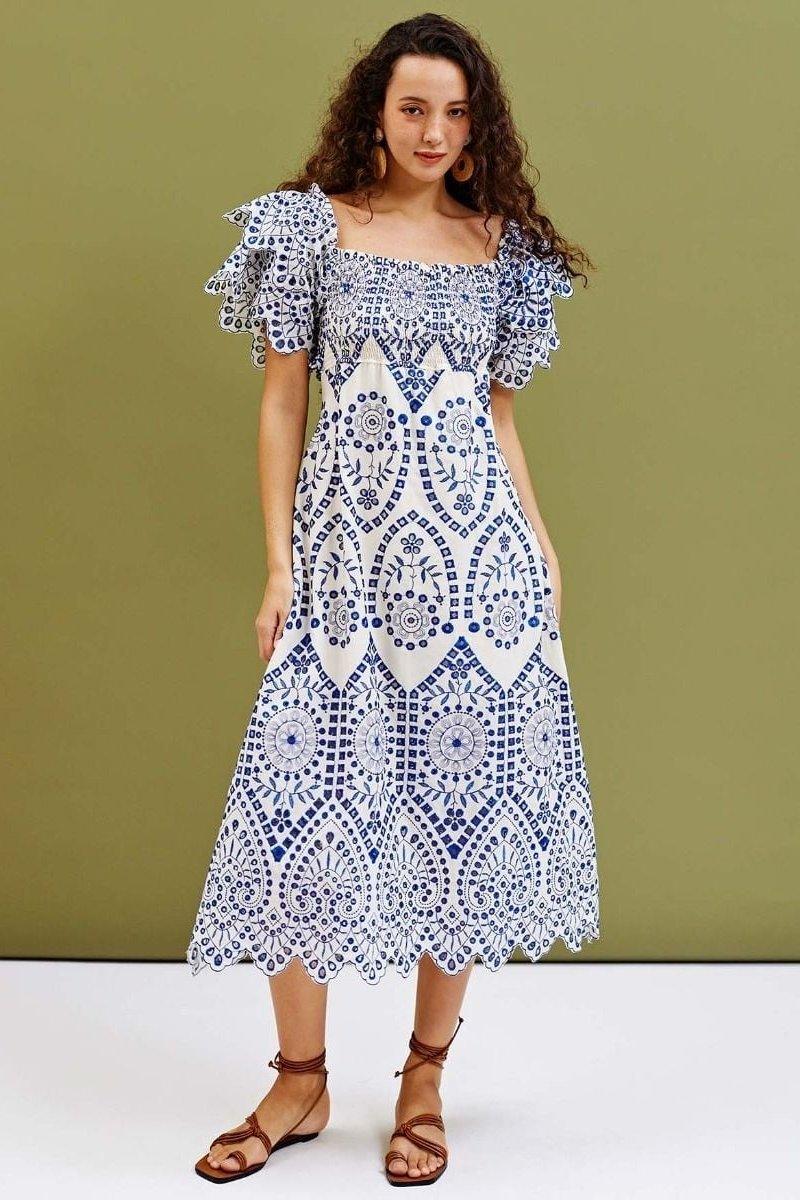 Azure Garden Midi Dress | Blue | Daytime Elegance | Embroidered Lace - ZyraLux Kleding en accessoires