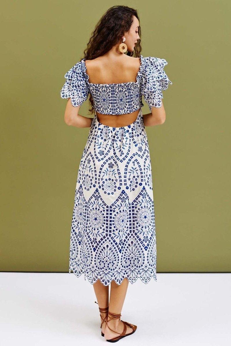 Azure Garden Midi Dress | Blue | Daytime Elegance | Embroidered Lace - ZyraLux Kleding en accessoires