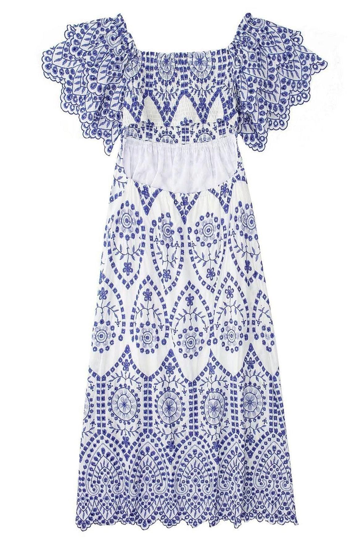 Azure Garden Midi Dress | Blue | Daytime Elegance | Embroidered Lace - ZyraLux Kleding en accessoires