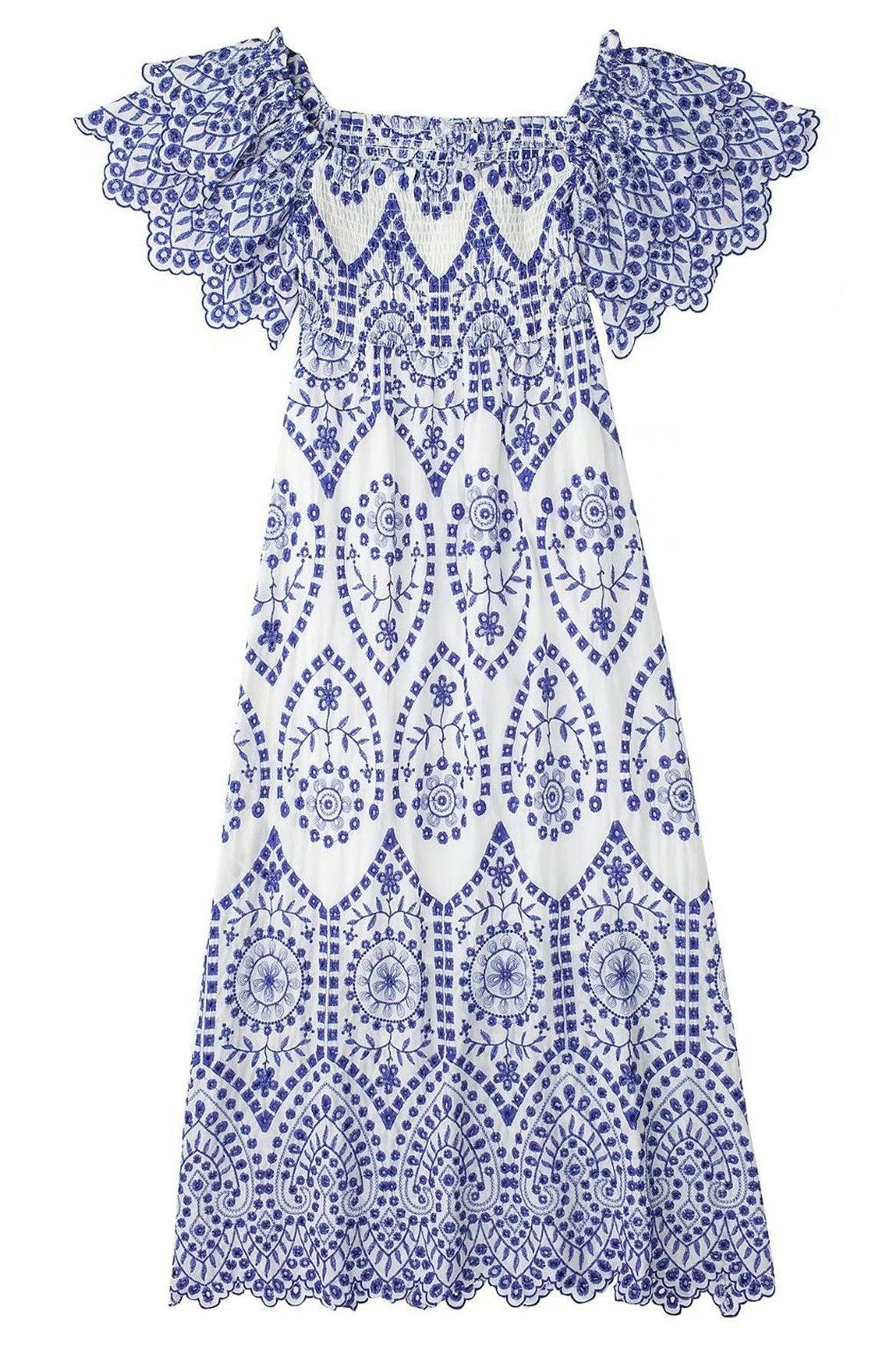 Azure Garden Midi Dress | Blue | Daytime Elegance | Embroidered Lace - ZyraLux Kleding en accessoires