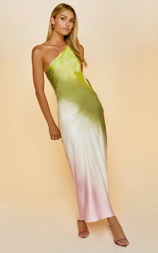 Diane One Shoulder Tie-Dye Maxi Dress | Green White | Casual | Silk - ZyraLux Kleding en accessoires