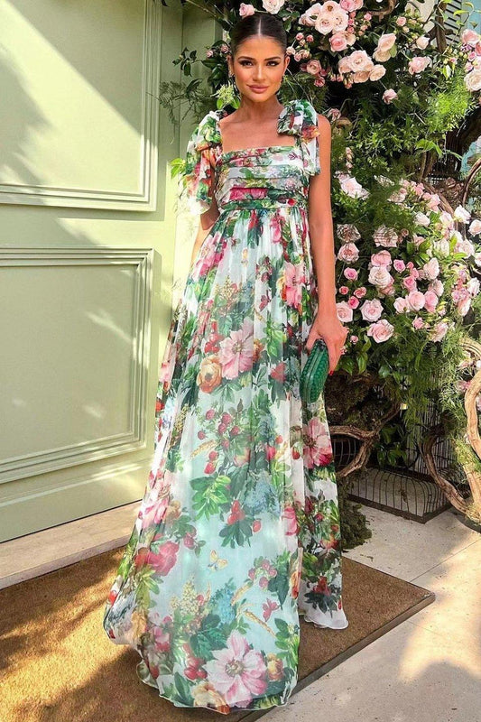 Printed Strap Maxi Dress | Color Mix | Garden Party | Chiffon - ZyraLux Kleding en accessoires