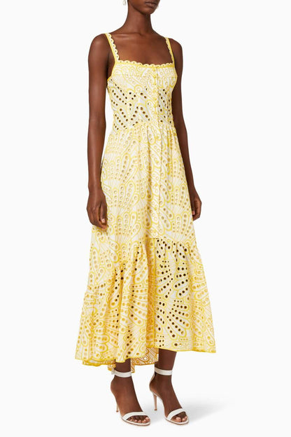 Sunshine Delight geborduurde midi-jurk | Multicolor | Zomerbrunch | Katoenmix