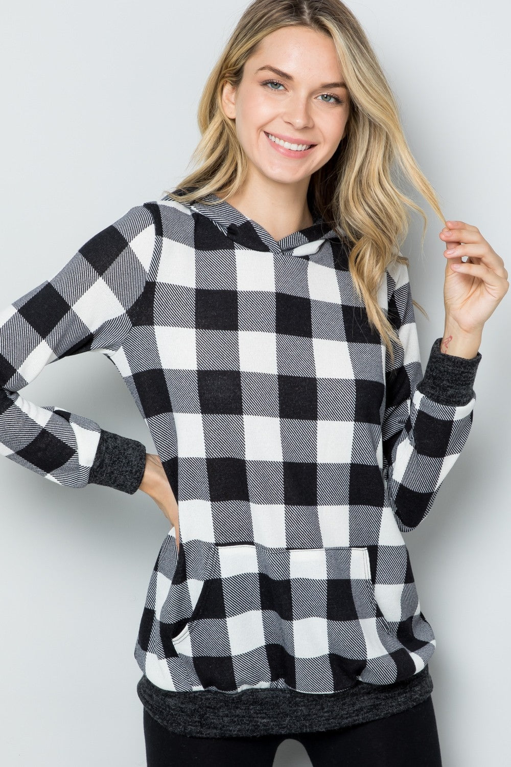 Celeste Full-Size Stijlvolle Contrasterende Plaid Lange Mouw Hoodie