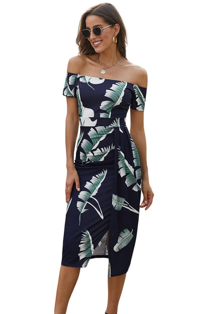 Chique zwarte off-shoulder midi-jurk met trendy patroon en zwoele split