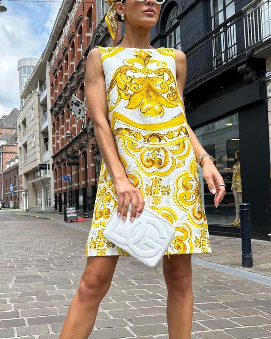 Baroque Print A-Line Dress | Yellow | Chic Daywear | Jacquard - ZyraLux Kleding en accessoires