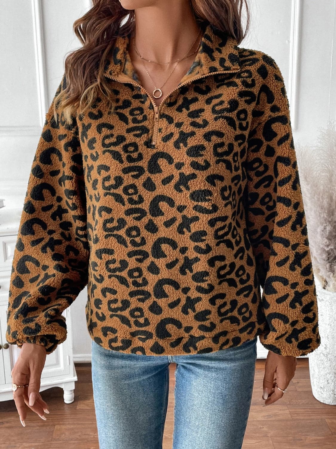 Chic luipaardprint sweatshirt met halve rits en lange mouwen