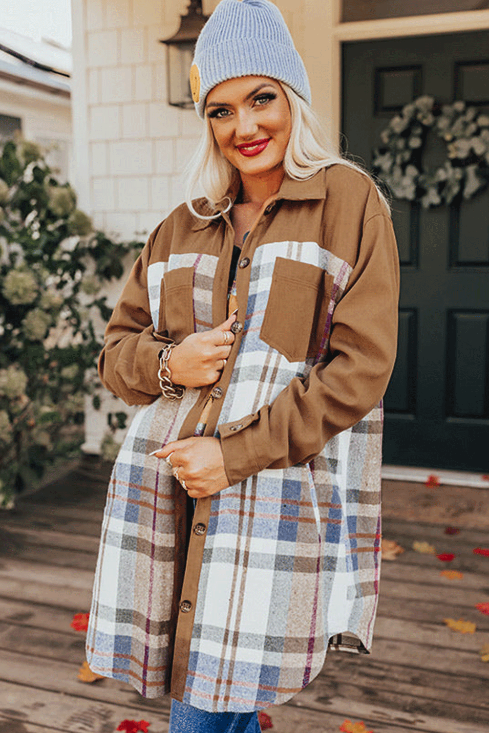 Chique Khaki Plaid Patchwork Lange Mouw Shirtjurk