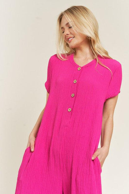 Loose Fit Fuschia Pink Textured Short Sleeve Jumpsuit - ZyraLux