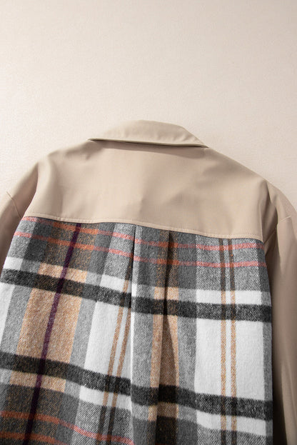 Chique Khaki Plaid Patchwork Lange Mouw Shirtjurk