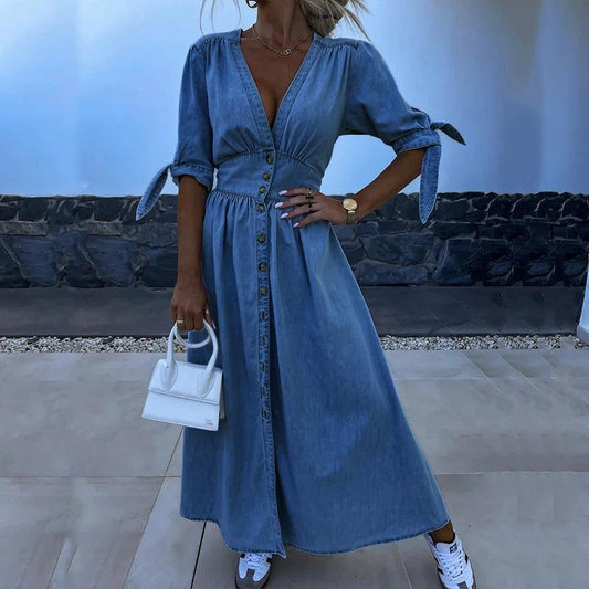 Denim Maxi Dress | Blue | Cotton | Casual and Stylish - ZyraLux Kleding en accessoires