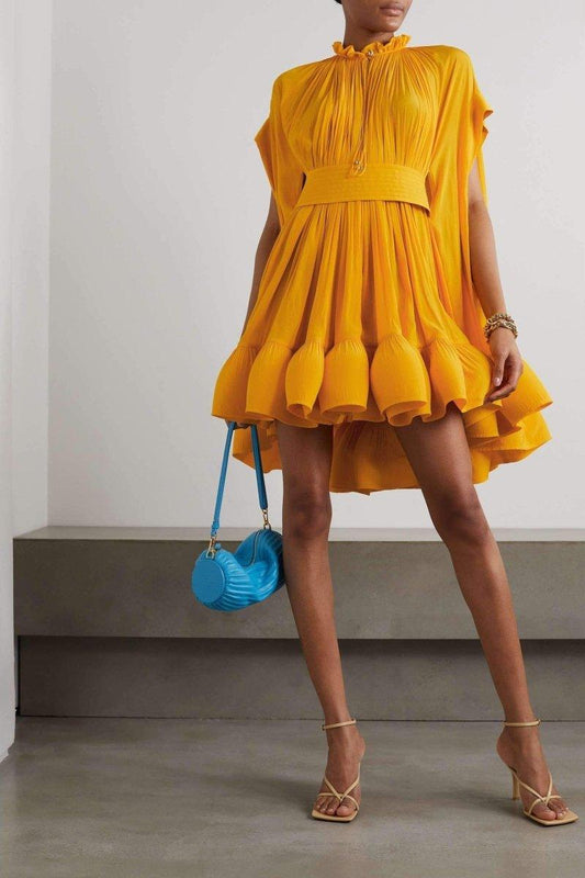 Eartha Cape Effect Ruffle Mini Dress | Yellow | Party | Silk Blend - ZyraLux Kleding en accessoires