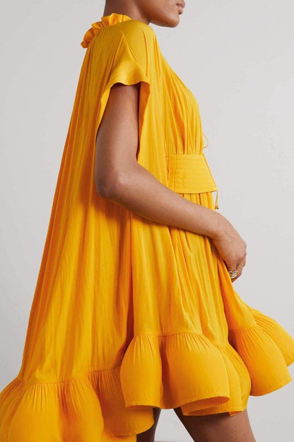 Eartha Cape Effect Ruffle Mini Dress | Yellow | Party | Silk Blend - ZyraLux Kleding en accessoires