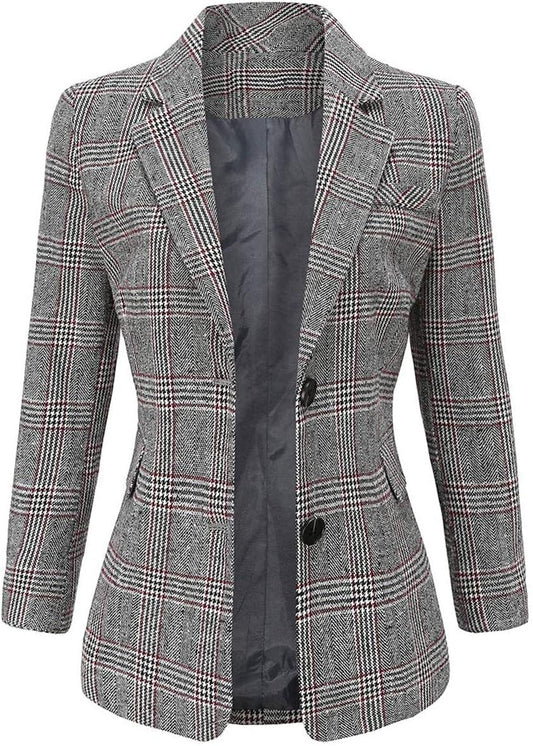 Dames grijs geruit lange mouwen zakelijke blazer jas