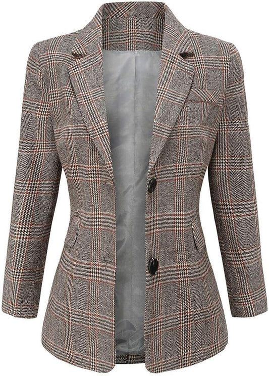 Dames mokka geruite lange mouwen zakelijke blazer jas