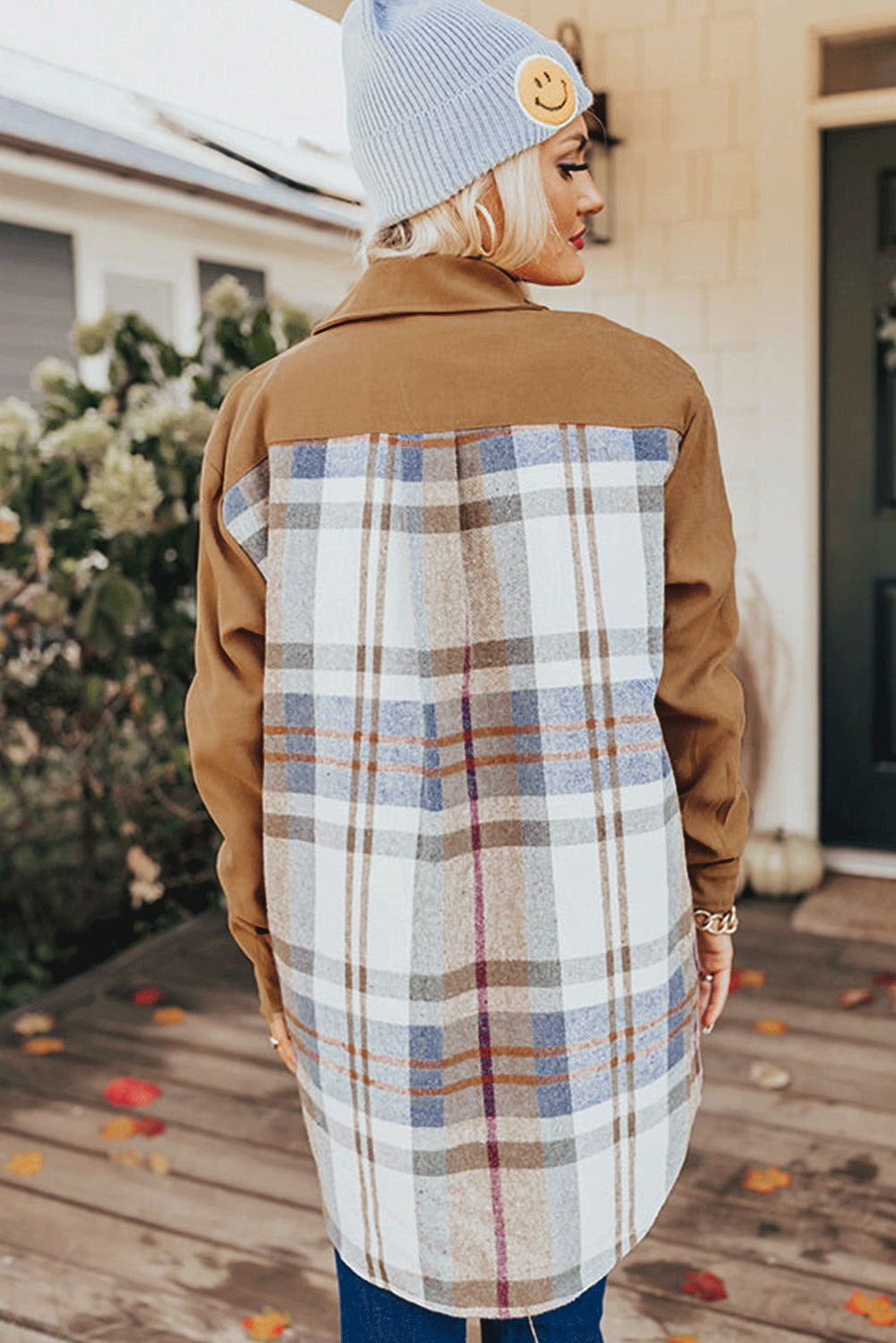 Chique Khaki Plaid Patchwork Lange Mouw Shirtjurk