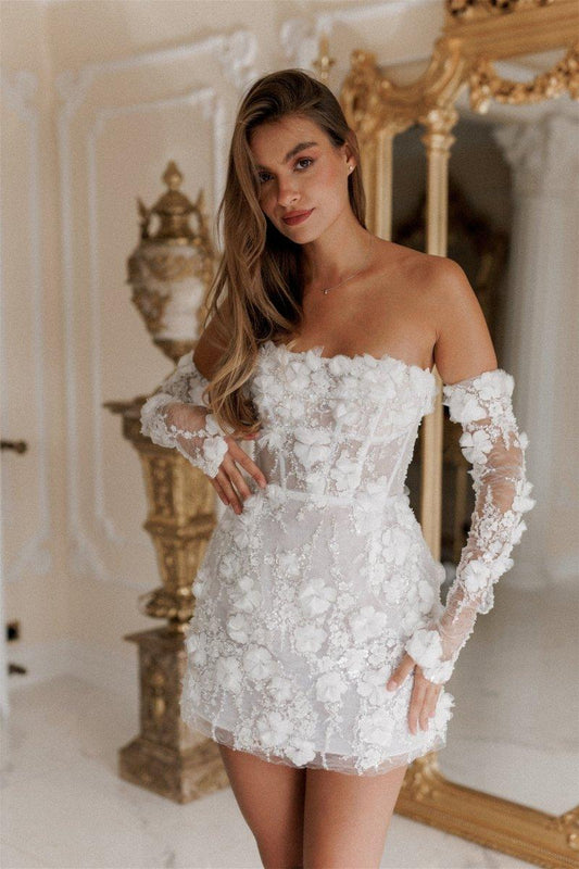 Romantic Floral Lace Mini Dress | White | Wedding | Lace - ZyraLux Kleding en accessoires