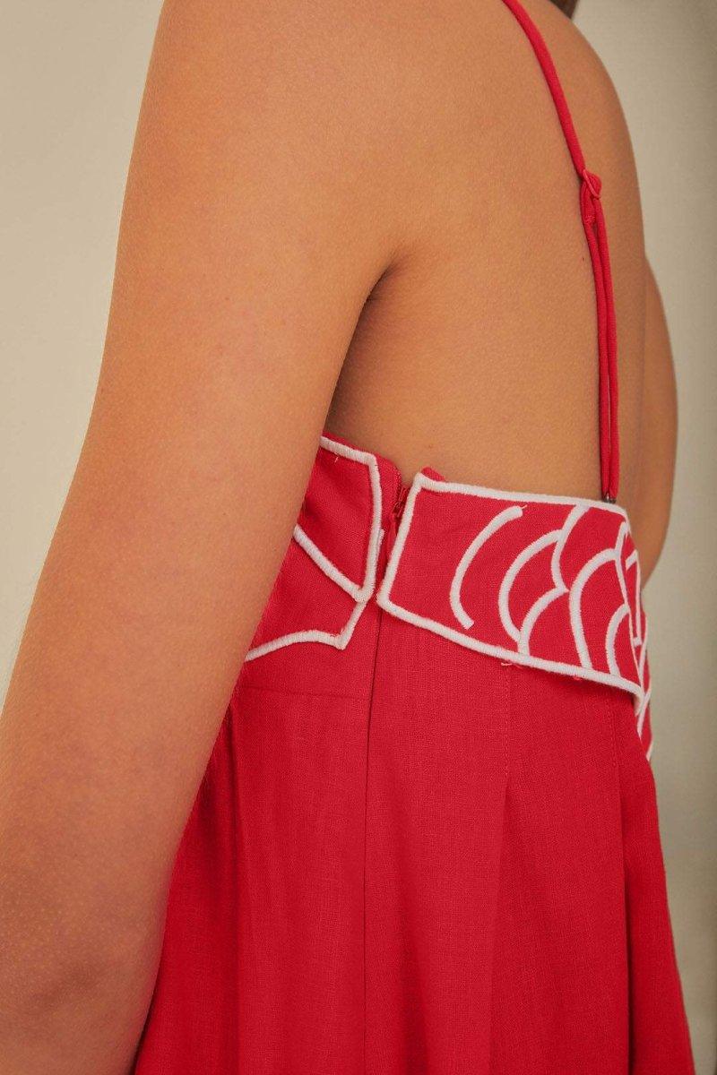 Goldfish Embroidered Maxi Slip Dress | Red | Summer Festival | Cotton - ZyraLux Kleding en accessoires