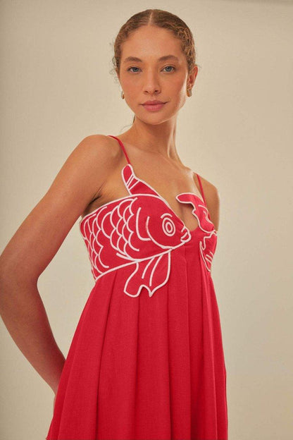 Goldfish Embroidered Maxi Slip Dress | Red | Summer Festival | Cotton - ZyraLux Kleding en accessoires