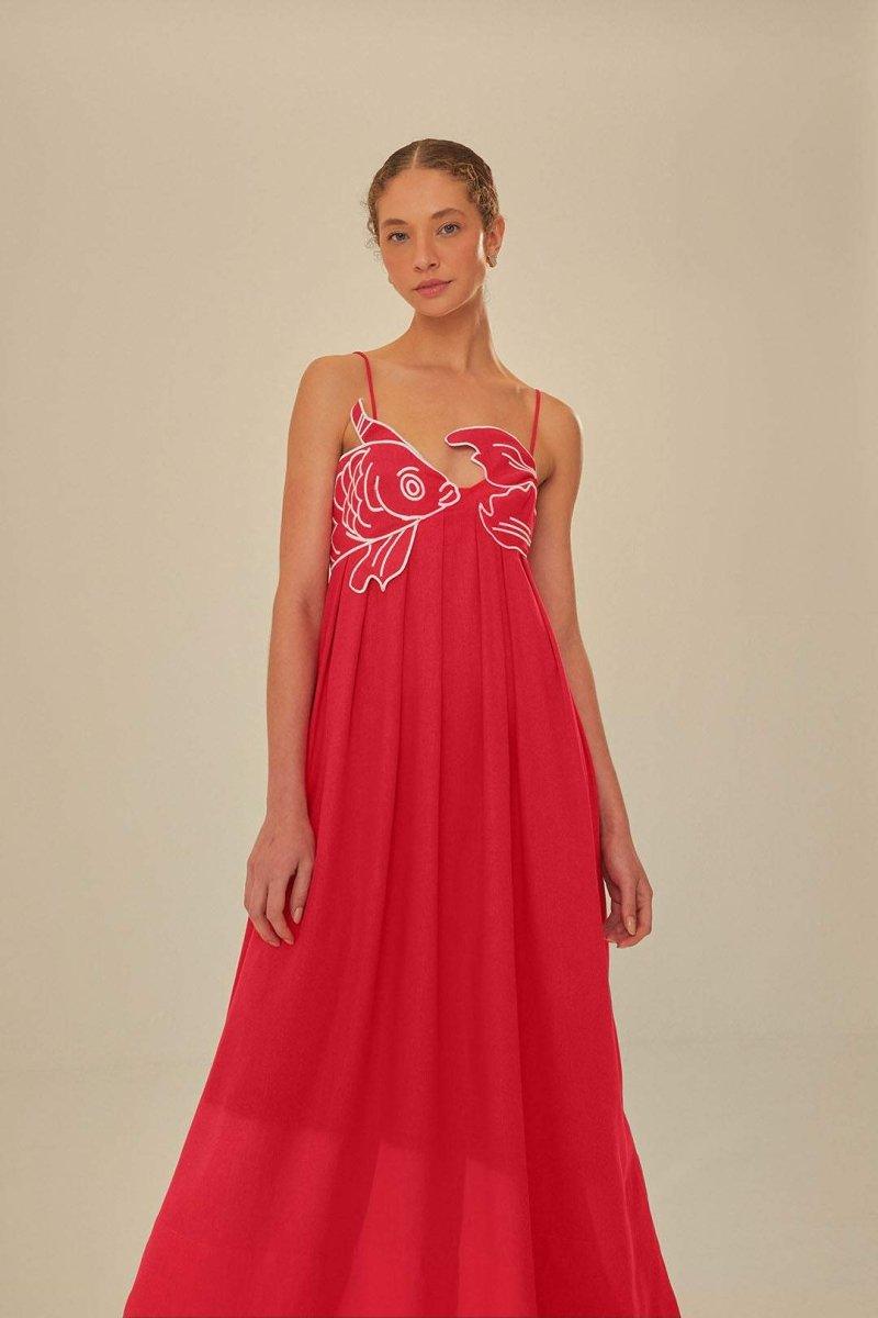 Goldfish Embroidered Maxi Slip Dress | Red | Summer Festival | Cotton - ZyraLux Kleding en accessoires