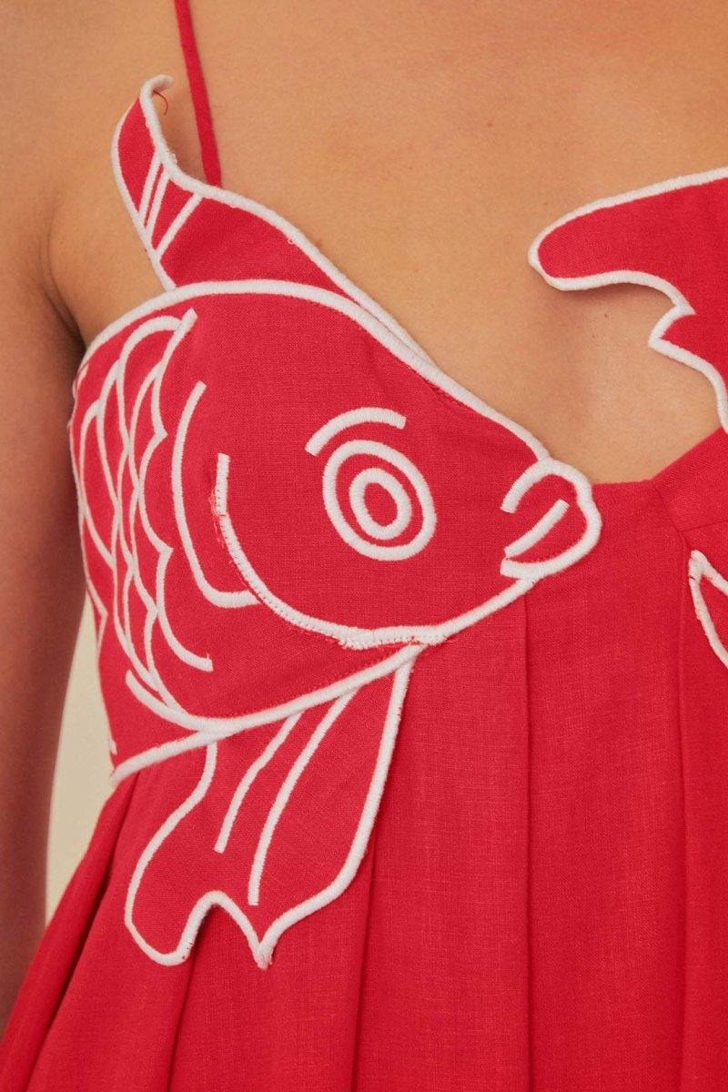 Goldfish Embroidered Maxi Slip Dress | Red | Summer Festival | Cotton - ZyraLux Kleding en accessoires