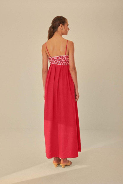 Goldfish Embroidered Maxi Slip Dress | Red | Summer Festival | Cotton - ZyraLux Kleding en accessoires