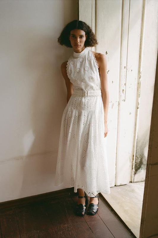 Lace Garden Midi Dress | White | Daywear | Embroidered Cotton - ZyraLux Kleding en accessoires