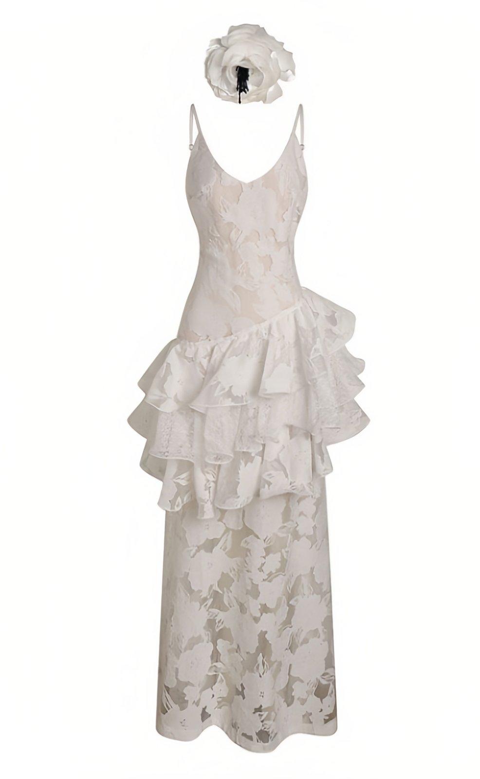 Elise Jacquard Ruffle Maxi Slip Dress | White | Formal | Jacquard - ZyraLux Kleding en accessoires