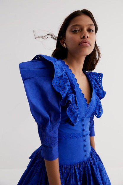 Embroidered Ruffled Mini Dress | Blue | Elegant | Evening - ZyraLux Kleding en accessoires