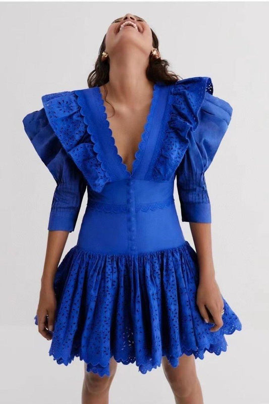 Embroidered Ruffled Mini Dress | Blue | Elegant | Evening - ZyraLux Kleding en accessoires