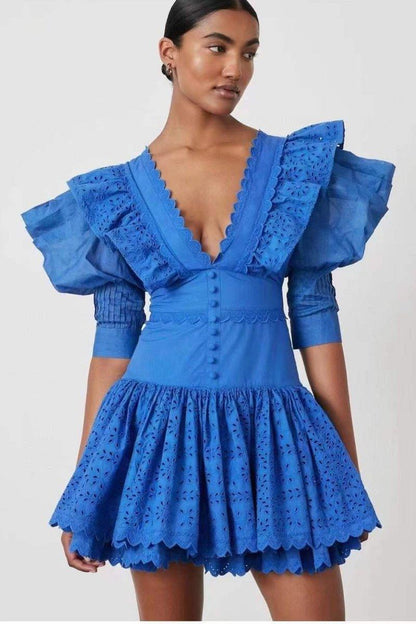 Embroidered Ruffled Mini Dress | Blue | Elegant | Evening - ZyraLux Kleding en accessoires