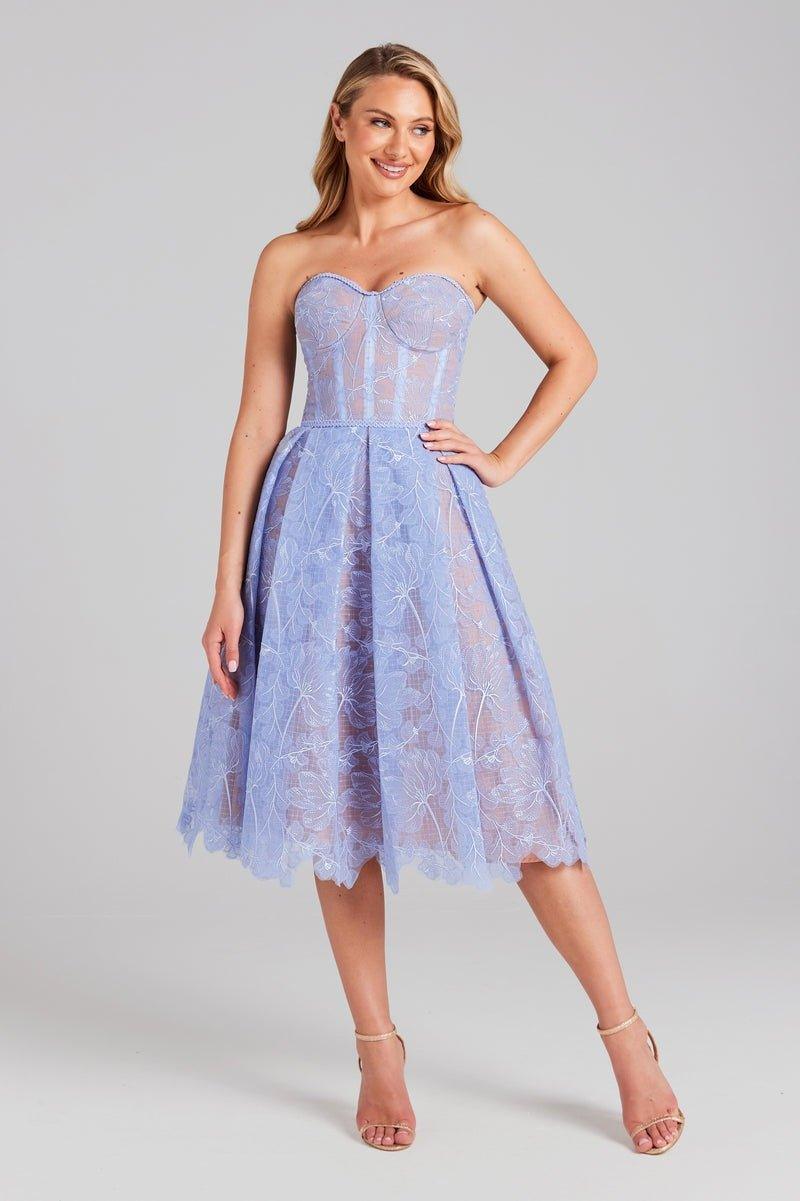 Elsie Corset Lace Midi Gown | Blue | Evening | Polyester - ZyraLux Kleding en accessoires