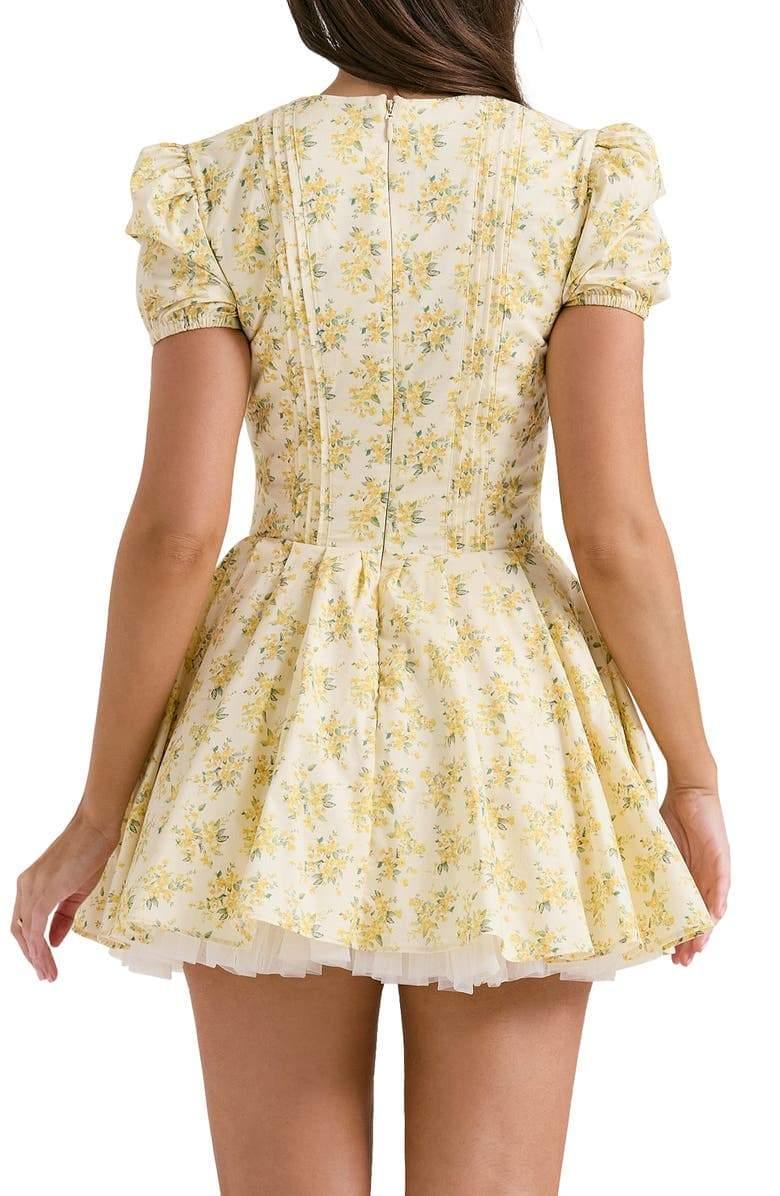 Emily Floral V-Neck Corset Dress | Yellow | Daytime | Cotton Blend - ZyraLux Kleding en accessoires