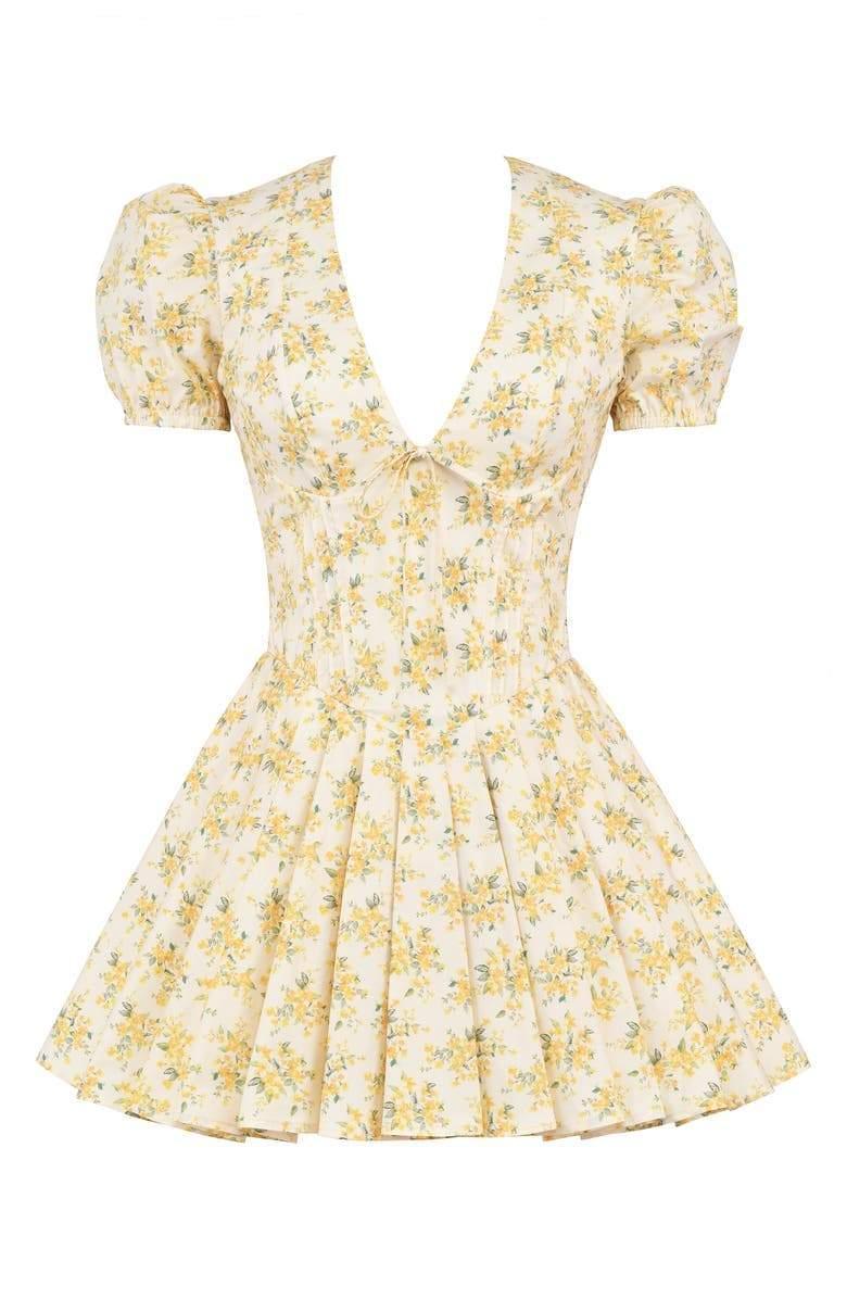 Emily Floral V-Neck Corset Dress | Yellow | Daytime | Cotton Blend - ZyraLux Kleding en accessoires