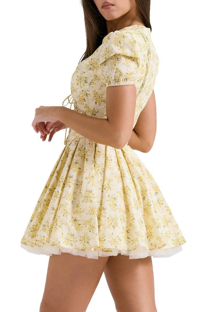 Emily Floral V-Neck Corset Dress | Yellow | Daytime | Cotton Blend - ZyraLux Kleding en accessoires