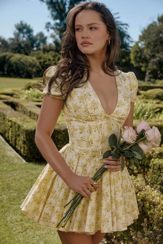 Emily Floral V-Neck Corset Dress | Yellow | Daytime | Cotton Blend - ZyraLux Kleding en accessoires