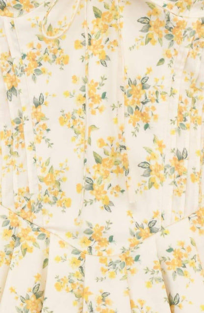 Emily Floral V-Neck Corset Dress | Yellow | Daytime | Cotton Blend - ZyraLux Kleding en accessoires