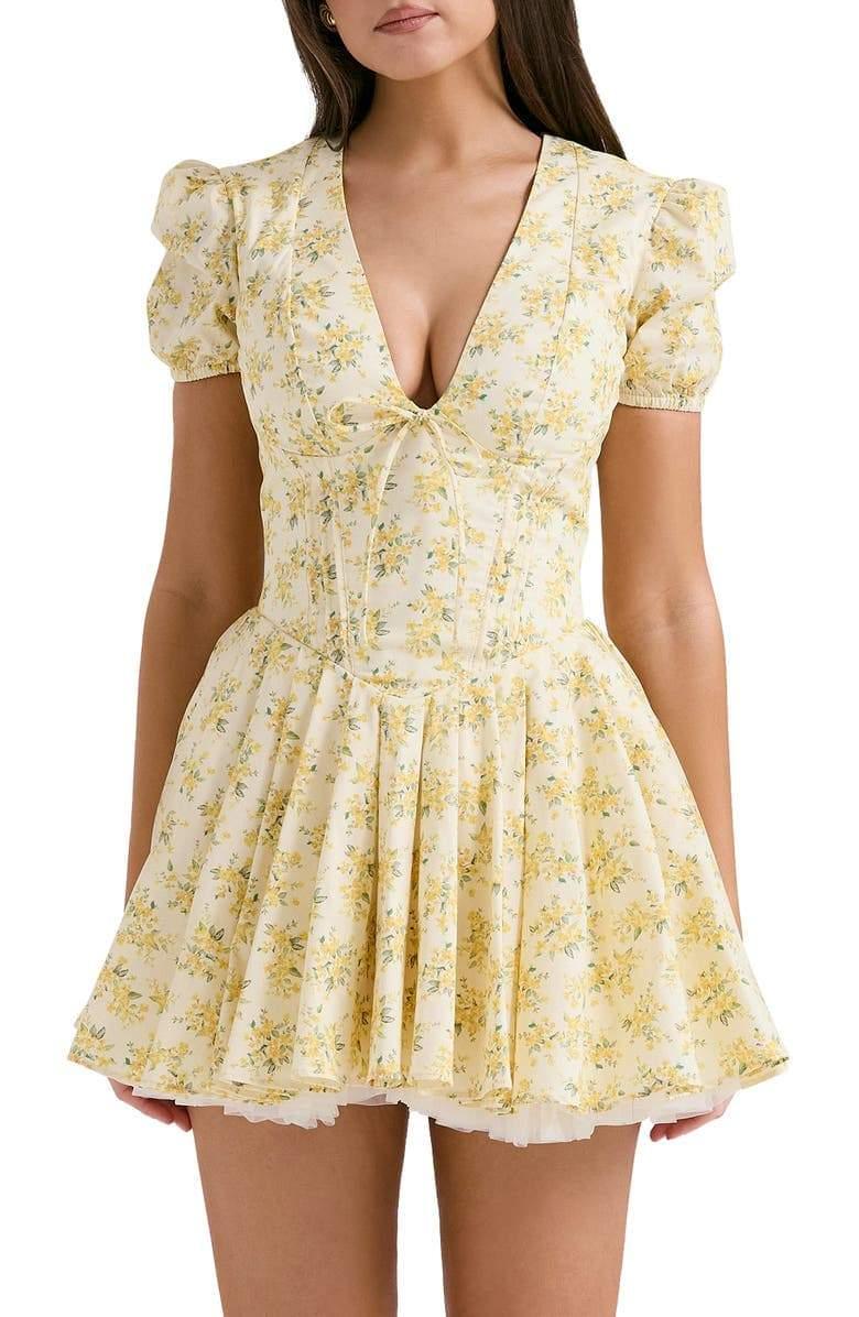 Emily Floral V-Neck Corset Dress | Yellow | Daytime | Cotton Blend - ZyraLux Kleding en accessoires