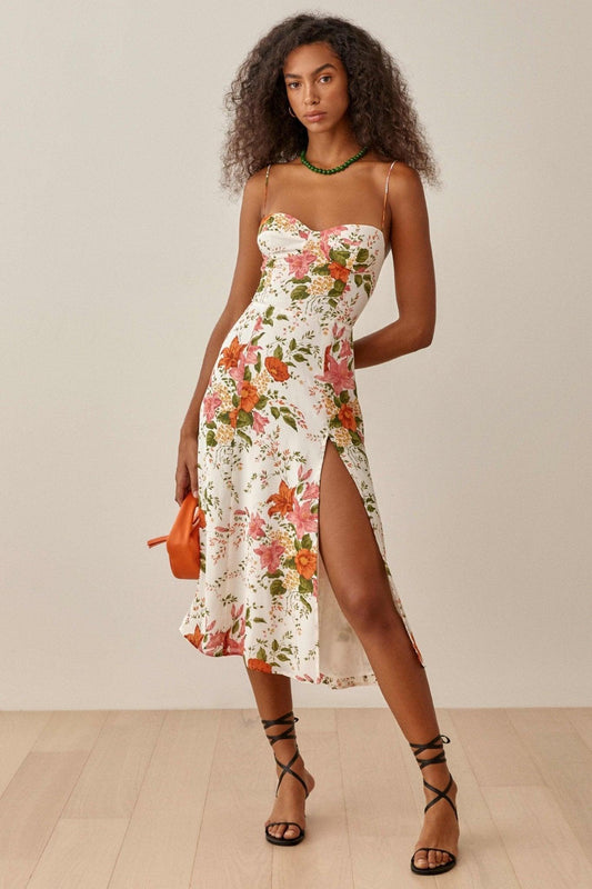 Erica Floral Slit Midi Dress | Red White | Summer | Cotton - ZyraLux Kleding en accessoires