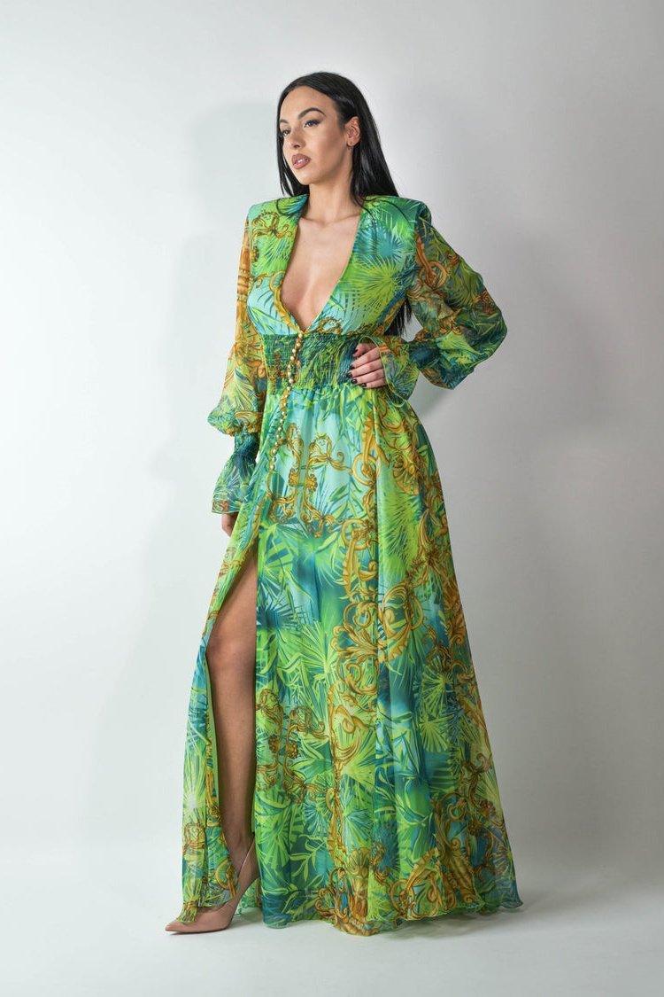 Eve Tropical Patterned V-Neck Maxi Dress | Green | Casual | Chiffon - ZyraLux Kleding en accessoires