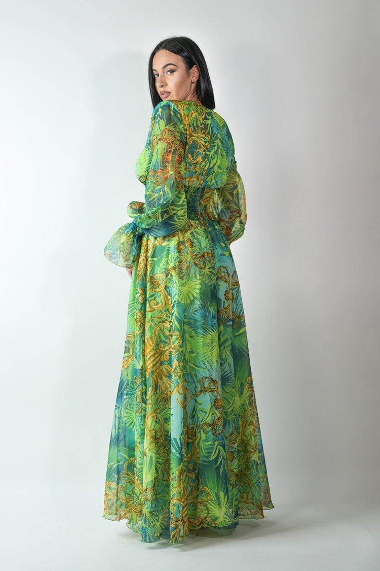 Eve Tropical Patterned V-Neck Maxi Dress | Green | Casual | Chiffon - ZyraLux Kleding en accessoires