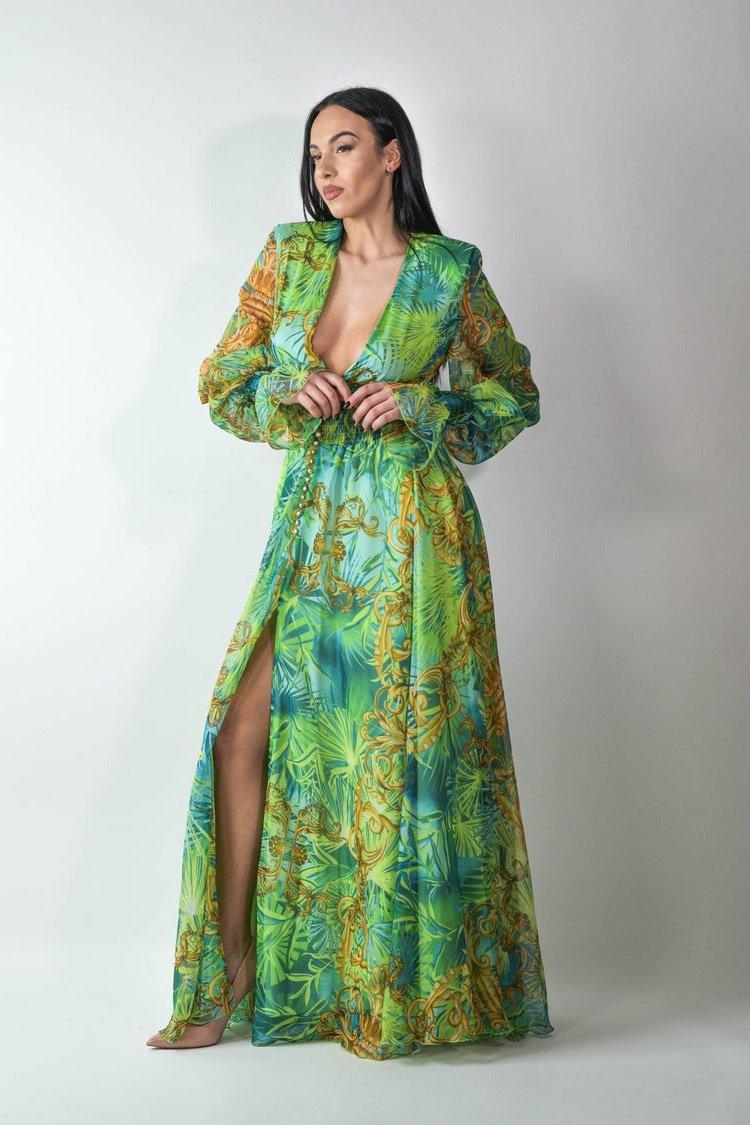 Eve Tropical Patterned V-Neck Maxi Dress | Green | Casual | Chiffon - ZyraLux Kleding en accessoires