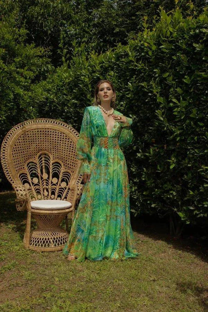 Eve Tropical Patterned V-Neck Maxi Dress | Green | Casual | Chiffon - ZyraLux Kleding en accessoires