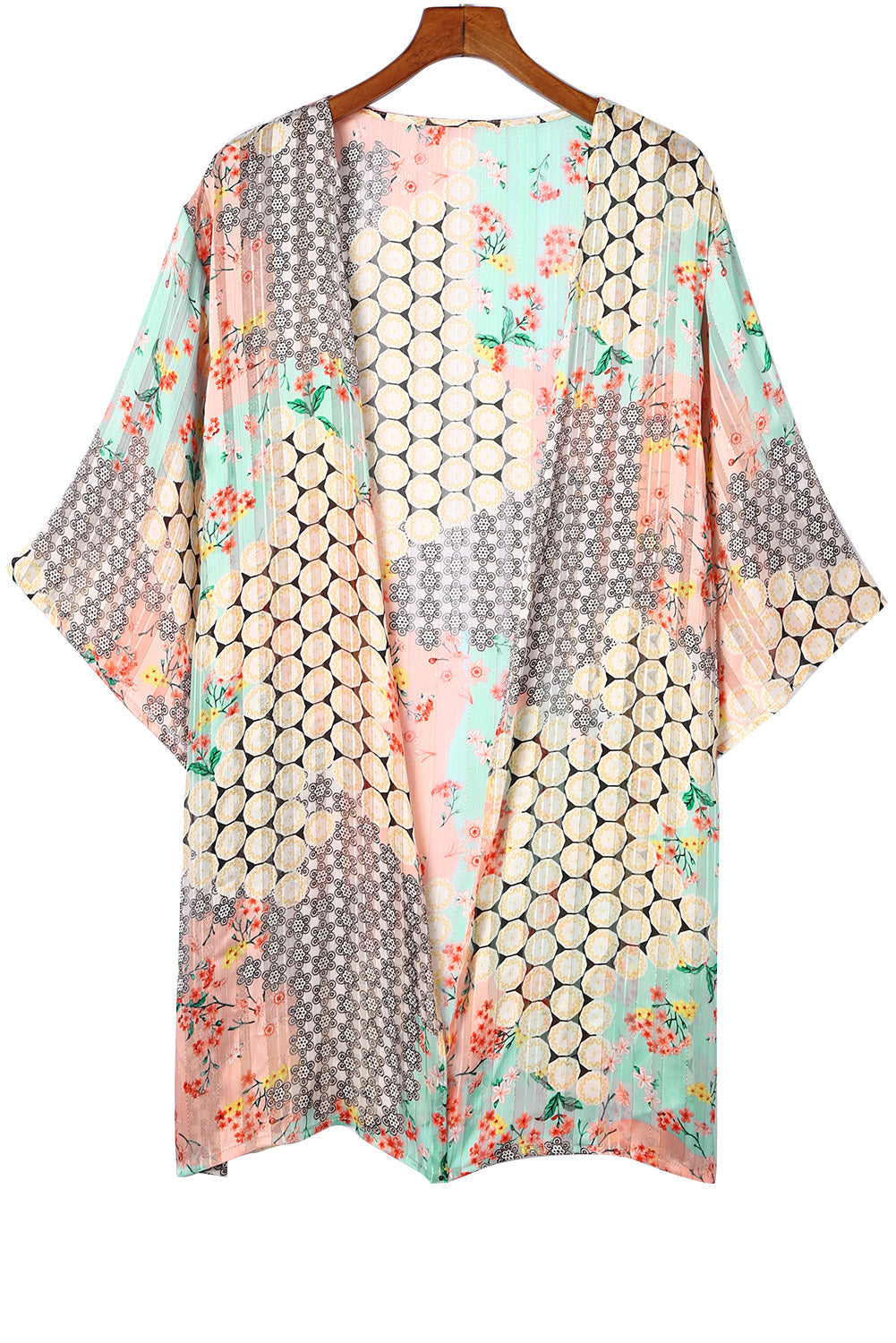 Kimono met meerdere kleuren bloemenprint en open, doorschijnende, glanzende stof