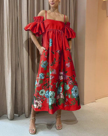 Floral Rhapsody Off-Shoulder Dress | Multicolor | Evening Glam | Satin Blend - ZyraLux Kleding en accessoires